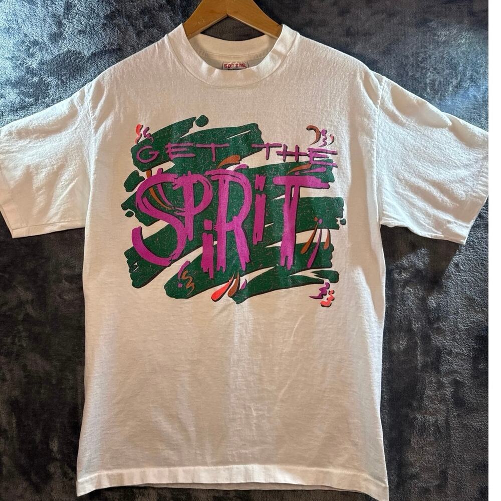 VTG 90s Tee Jays “Get The Spirit” Single Stitch Graphic T Shirt Large White USA!